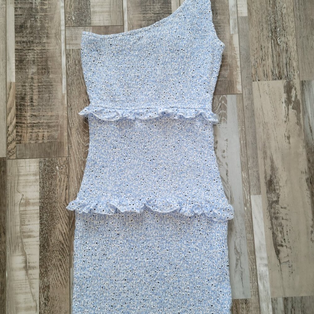 Princess Polly Elza Blue Floral  Ruffle One Shoulder Mini Dress - Size 2